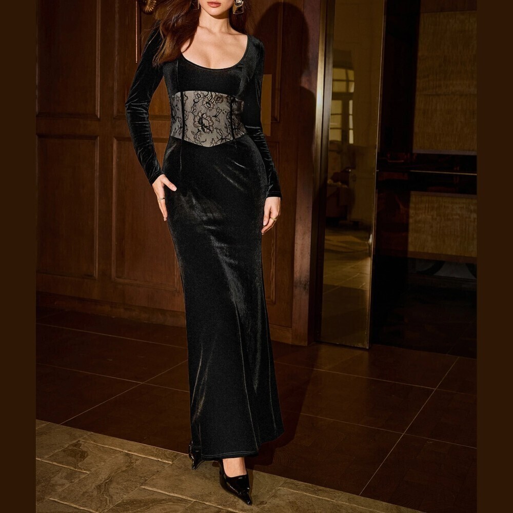 Black Velvet Lace Corset Waist Scoop Neck Long Sleeve Maxi Dress